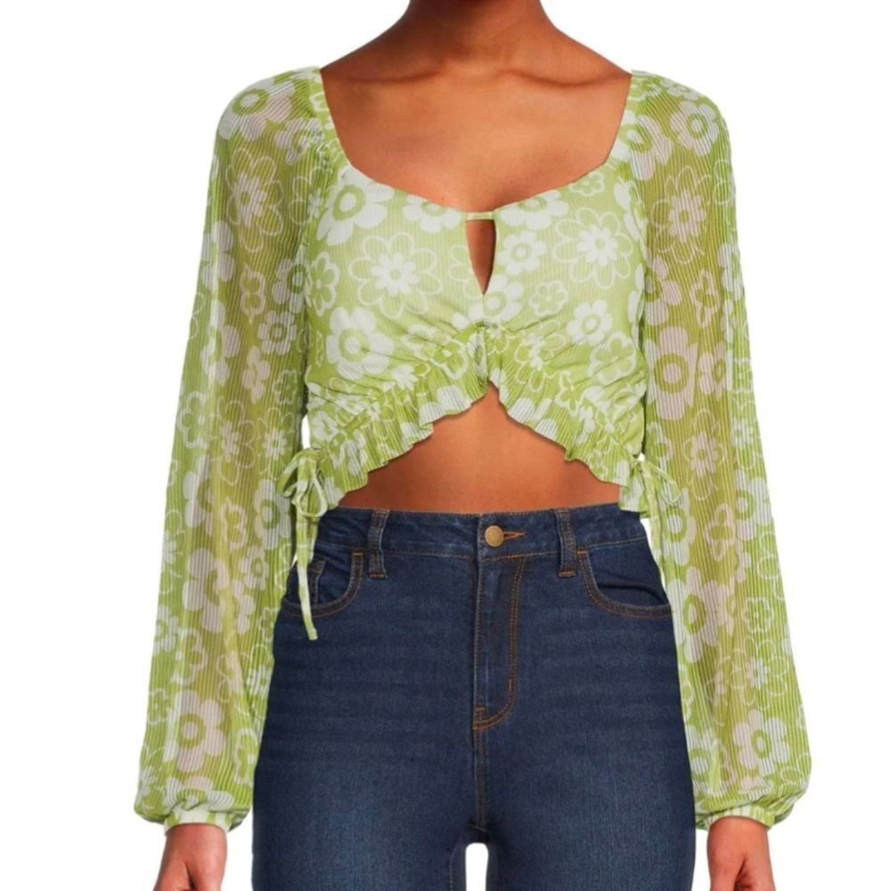 Madden NYC Green & White Floral Mesh Retro Mod Floral Crop Top Shirt XXXL 3X